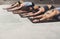 Young women in yoga class, half tortoise pose stretching