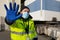 Young worker at express courier with Coronavirus protection mask