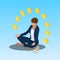 Young yoga position business woman relaxing. Business woman sitting in padmasana lotus pose. Isometric vector