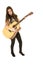 Younger female model standing playing her acoustic guitar