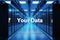 Your data logo in large modern data center with multiple rows of network internet server racks, privacy concept;  3D Illustration