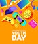 Youth Day card of fun teen activity icons