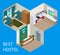 Youth hostel building facade, backpack, double decker bunk bed, room key Travel and tourism business themed items