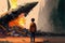 A youth observing a spacecraft wreckage with a detonation. Illustration painting