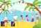 Youth party, people dancing on beach, cheerful young people, cool holiday, modern dance, design cartoon style vector