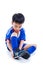 Youth soccer player tying shoe and prepare for competition. Full