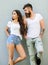 Youth stylish outfit. Feel their style. Couple white shirts cuddle each other. Hipster bearded and stylish girl hang out