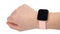 Youth watch on woman& x27;s wrist. Smart watch on white background, black blank display