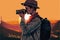 A youthful explorer captures the sunset over the mountains on camera. Fantasy concept , Illustration painting. Generative AI