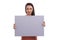 Youve got my 100 support. Studio portrait of a young woman holding up a blank sign isolated on white.