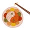 Yu Sheng, vegetables salad on round plate with chopsticks.