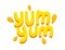Yum Yum Banner, Icon with Yellow Typography and Drops. Creative Text Composition . Design Element for Cafe