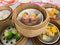 Yumcha, various chinese steamed dumpling in bamboo steamer in chinese restaurant. Dimsum in the steam basket, Chinese food