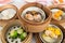 Yumcha, various chinese steamed dumpling in bamboo steamer in chinese restaurant. Dimsum in the steam basket, Chinese food