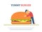 Yummy burger concept flat vector illustration of funny boy lovely hugging a big hamburger