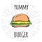 Yummy burger vintage label in hipster style with sunburst.