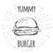 Yummy burger vintage label in hipster style with sunburst.