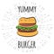 Yummy burger vintage label with sunburst