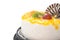 Yummy cake on white with grape orange kiwifruit and chocolat, clipping path includede