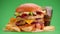 Yummy cheeseburger, fries and cola rotation on a green screen background.