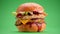 Yummy cheeseburger rotation on a green background, green screen.