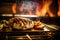 Yummy Chicken Steak Wide Angle On Flaming BBQ - Generative AI