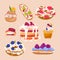 Yummy cream puff vector set with fruits. Sweet Ã‰clair, shu cake, cupcake, profiterole, pastry flat illustration