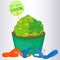 Yummy cupcake for St. Patrick`s day with ribbons and good luck wishes.