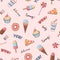 Yummy doodle seamless pattern with ice cream, pizza, donut, lollipop, cola and cupcake on grid background