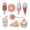 Yummy doodle set of ice cream, pizza, donut, lollipop, cola and cupcake