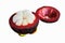 Yummy opened mangosteen fruit on white background