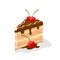 Yummy piece of layer cake, gateau coated by chocolate buttercream with cherries on top.