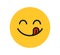 Yummy smile emoji with tongue lick mouth. Delicious tasty food symbol for social network. Yummy and hungry icon. Savory