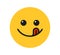 Yummy smile emoji with tongue lick mouth. Delicious tasty food symbol for social network. Yummy and hungry icon. Savory