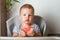 Yummy watermelon and little funny toddler in highchair. First feeding of child with watermelon