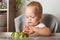 Yummy watermelon and little funny toddler in highchair. First feeding of child with watermelon