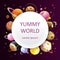 Yummy world background. Vector food planets frame.