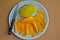 Yummy yellow ripe mangoes in white dish