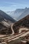 Yumthag Valley that view from high level to see the devious road line in winter at Lachung. North Sikkim, India