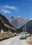 Yumthang Valley with road line and tourist cars in winter at Lachung. North Sikkim, India