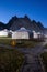 Yurt camp at night, rocky mountains in the background. Ger campsite in rural Mongolia