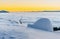 Yurt at sunset in winter fog mountains. Happy New Year. In antic