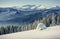 Yurt in winter fog mountains. Carpathian, Ukraine, Europe