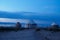 Yurts in the evening on the shore of a mountain lake.