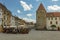 Yverdon-les-Bains, Switzerland - 26 June 2016: Castle and its massive circular tower. Museum of Yverdon and its Region. Tourists