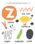 Z letter objects and animals including zig zag, zeppelin, zero, zucchini, zipper, zebra.