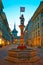 Zahringen fountain and Zytglogge clock tower in Kramgasse Bern evening