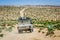 Zaida, Morocco - April 10, 2015. Silver vintage off road car fully loaded going in the dirt road in desert with green plants