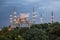 `Zakat increases and protects wealth` lettering hanging on Blue Mosque`s mahya in Istanbul,Turkey.