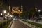 `Zakat increases and protects wealth` lettering hanging on Blue Mosque`s mahya in Istanbul,Turkey.